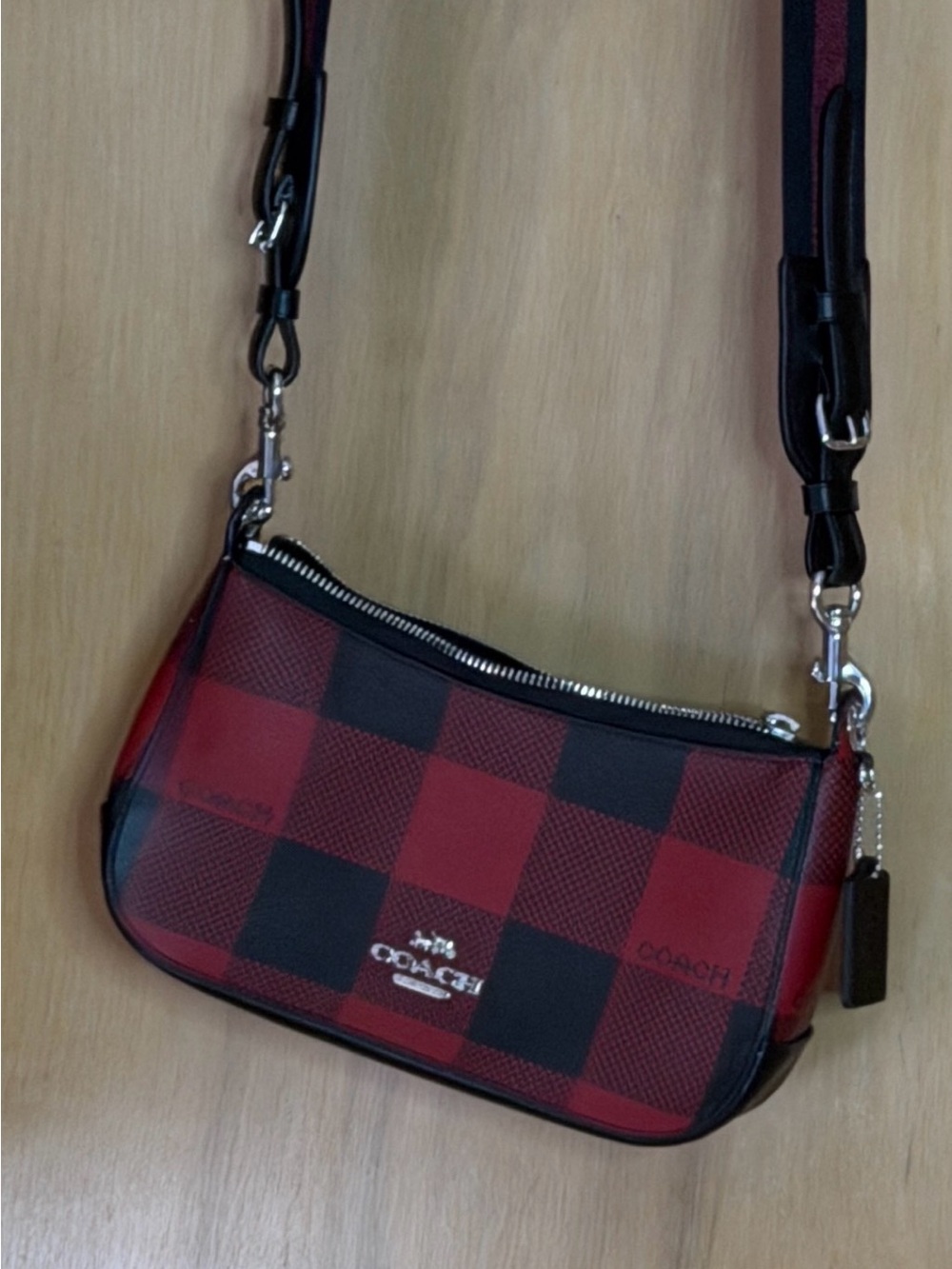Coach Red and Black Buffalo Plaid Crossbody with Leather Trim - Picture 2 of 7